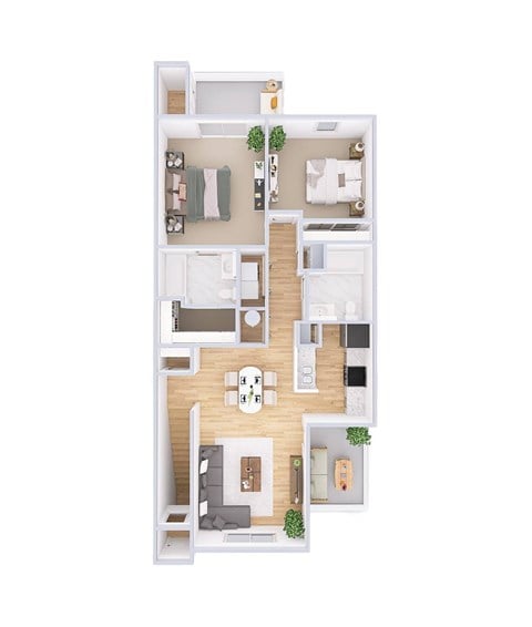 Floor plan for 2 beds, 2 baths, 986 sqft